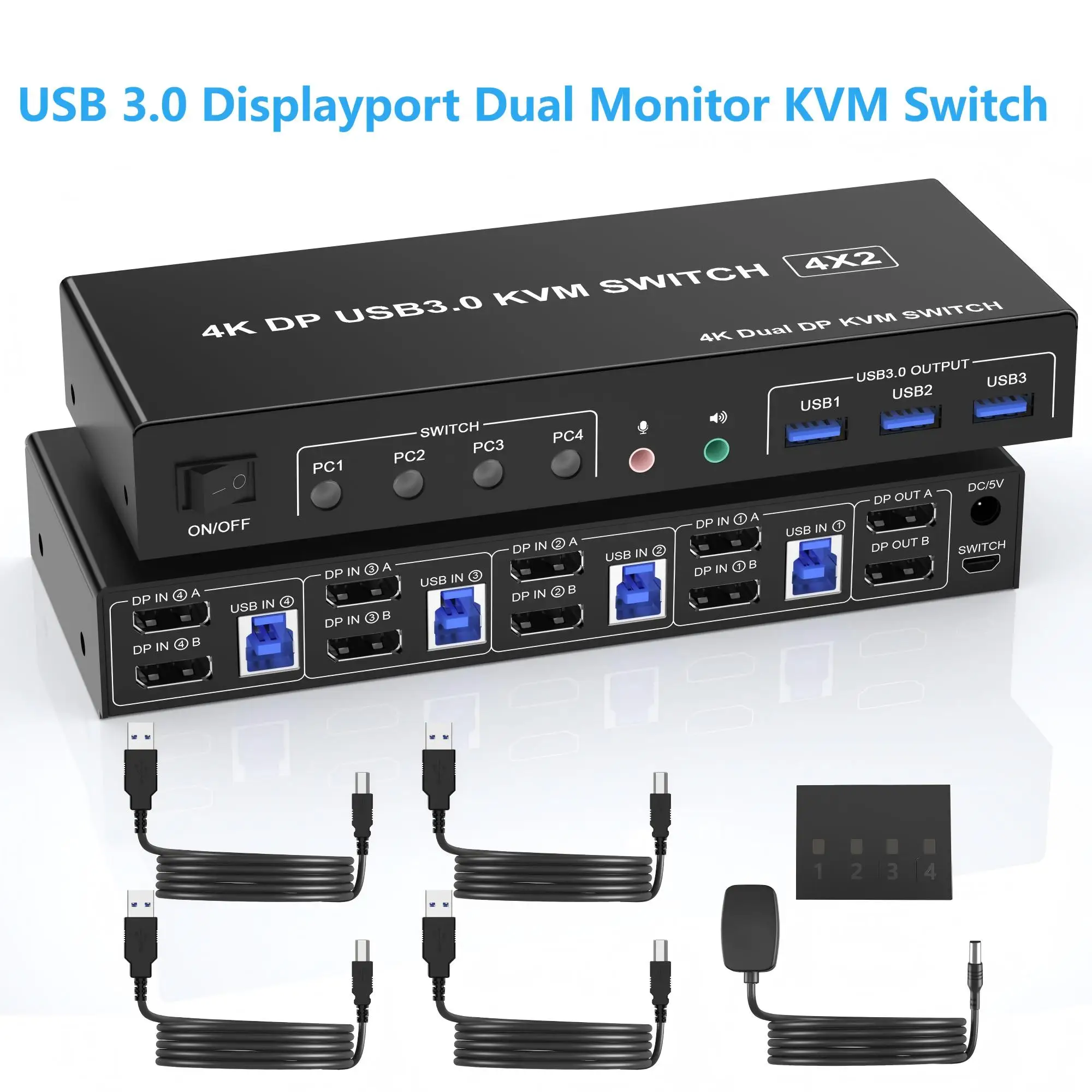 

USB 3.0 Displayport Dual Monitor KVM Switch,4K@60Hz HDMI KVM Switch 2 Monitors 4 Computers,with Audio Microphone Output USB 3.0