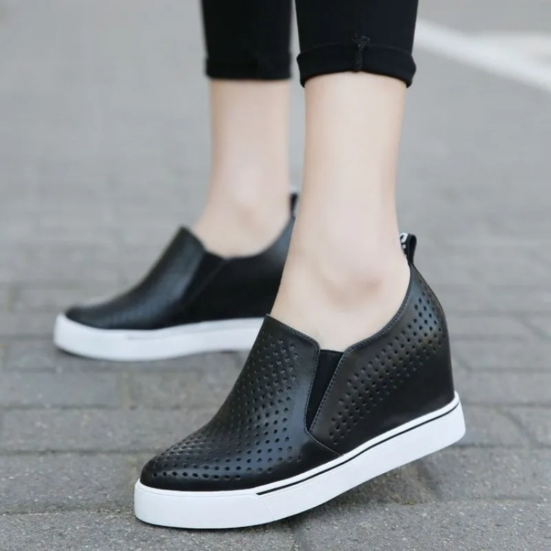 Comemore Height Sneakers Women Summer Shoes Platform Wedge White Mesh Breathable Vulcanize Shoes Slip on Solid Ladies Tennis