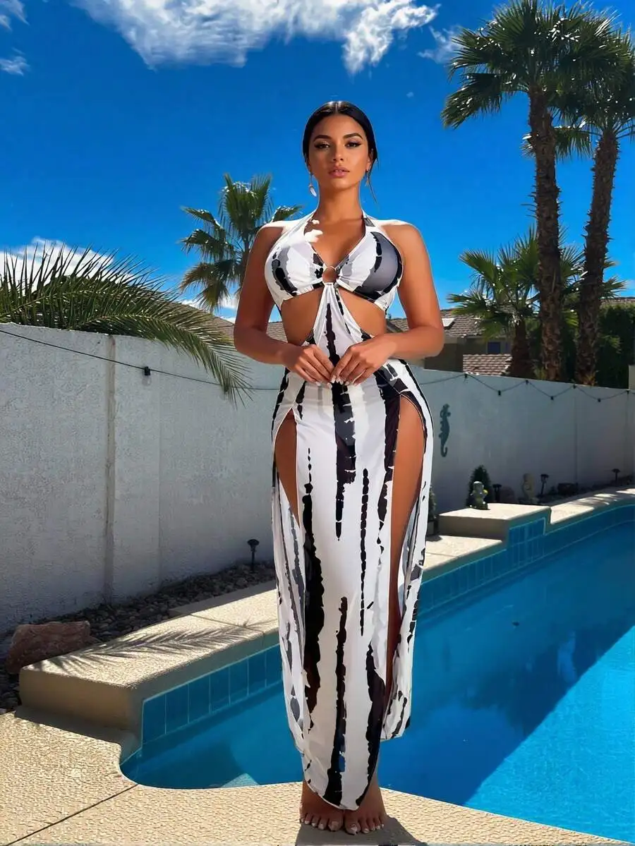

Womens 3 Piece Swimsuit Set Halter Triangle Bikini With High Cut Slit Maxi Skirt Beach Vacation Swimwear