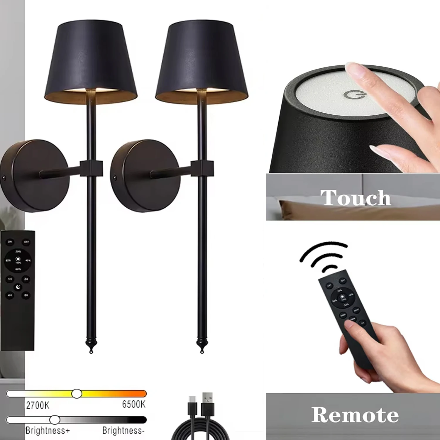 

2P светодиодный настенный светильник с зарядкой, съемная головка лампы, сенсорный переключатель, пульт дистанционного управления, бесступенчатое затемнение для спальни, гостиной, коридора