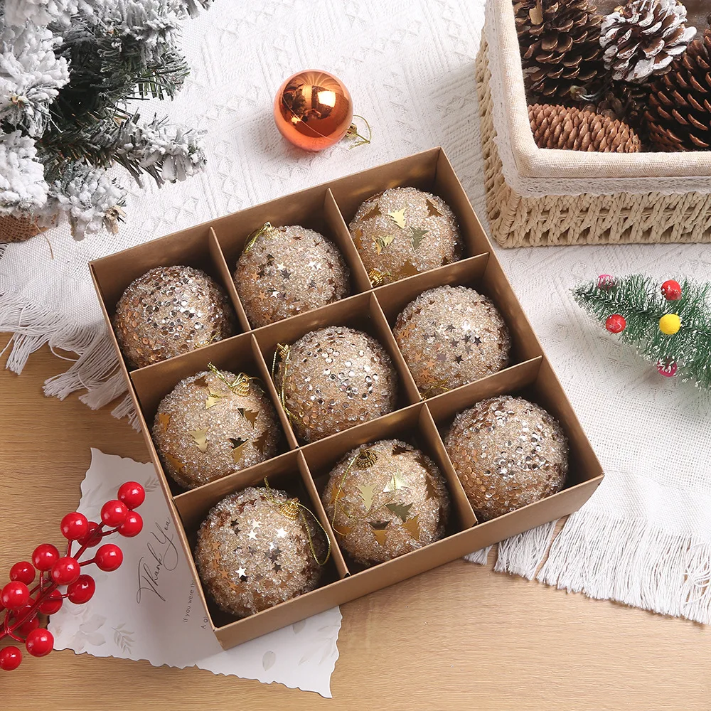 9Pcs/box 8cm Christmas Ball Xmas Tree Ornaments Hanging Pendants Glitter Christmas Flower Ball for Home New Year Navidad Gifts