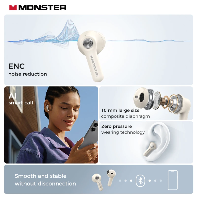 Monster N-lite 207 Bluetooth 5.4 Earphones Wireless Headphone with Mic Waterproof Touch Control Earbuds IPX5 ENC Noise Reduction