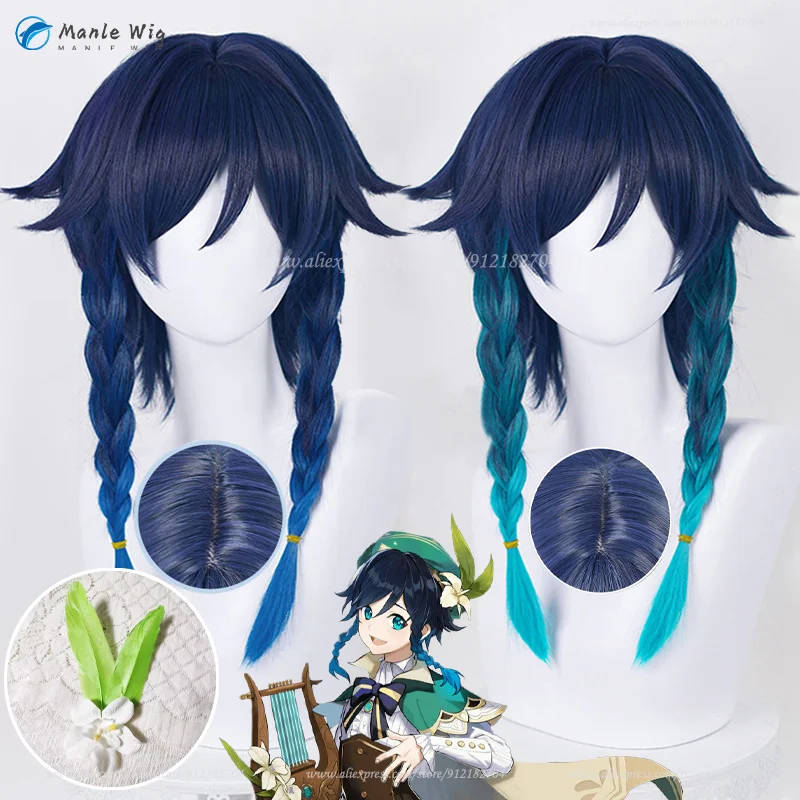 

t Venti Cosplay Wig 42cm Blue Gradient Braid Wig Heat Resistant Synthetic Wigs Halloween Party Anime Wigs + Wig Cap