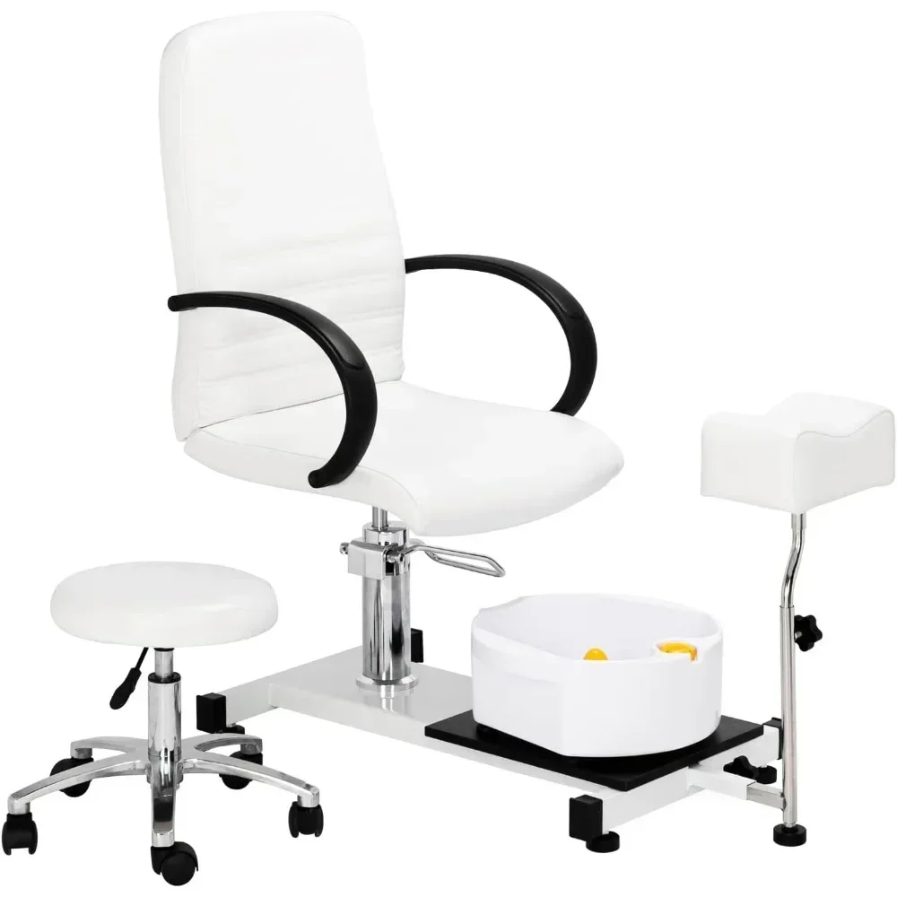 Hydraulic Pedi Chair for Nail Tech, Pedicure Chair White with Stool & Bubble Massage Foot Bath, Beauty Spa Salon Unit Station