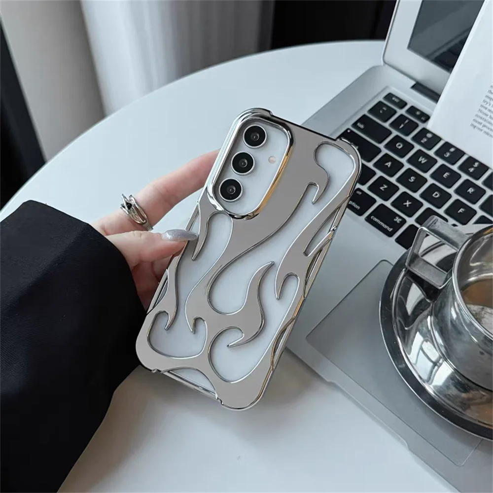 Plating 3D Flame Pattern Case For Samsung S25 S24 Plus S22 S23 Ultra A16 A06 A55 A15 A54 A14 Fashion Hollow Out Shockproof Cover