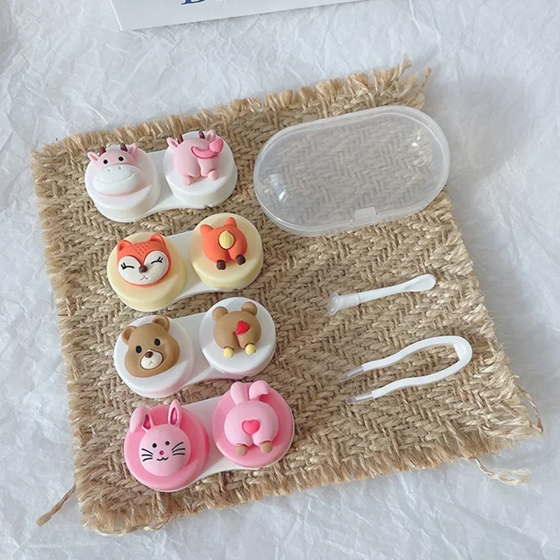 Girls Portable Contact Lenses Box Container Kawai Pink Rabbit Cow Fox Brown Bear Pattern Contact Lens with Tweezer Suction Stick