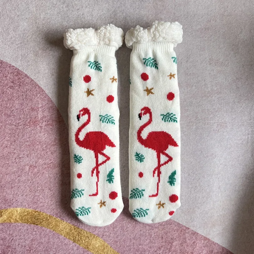 

Fuzzy Fluffy Sock Women Winter Christmas Gift Warm Plush Non slip Home Sleeping Soft Female Floor Thermal Slipper Sock Flamingo