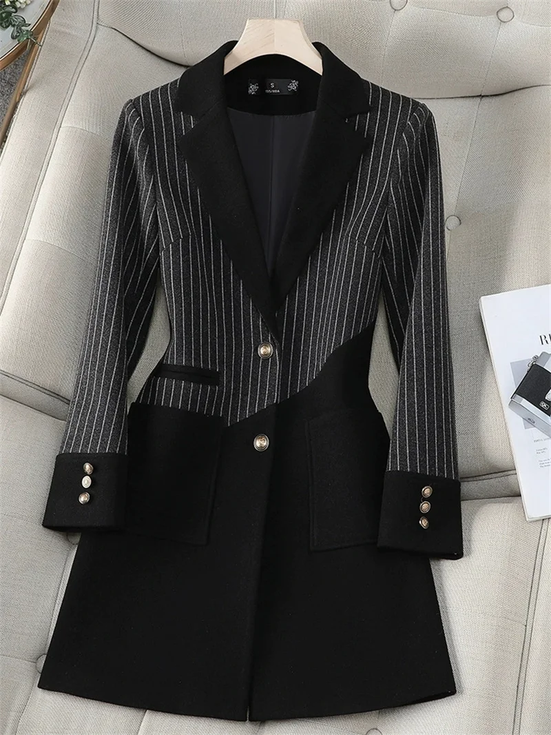 New Women Stripe Stitching Woolen Blazer Coat Long Sleeve Jacket Office Ladies Work Wear Blazers Female Windbreakers Outerwear