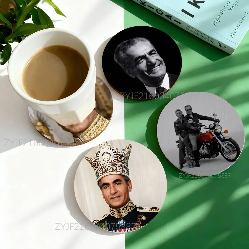 

M-Mohammad Reza Pahlavi Iran Round Wooden Coasters Heat Resistant Non-slip Drink Cafe Decoration 2D Flat Color Print Set