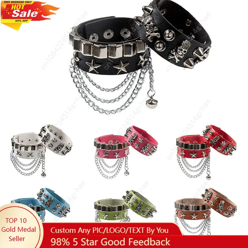 

2023 PU Leather Studded Bracelet Punk Bracelet Adjustable Goth Cuff Bracelet Gothic Rivet Buckle Wristband for Men Women