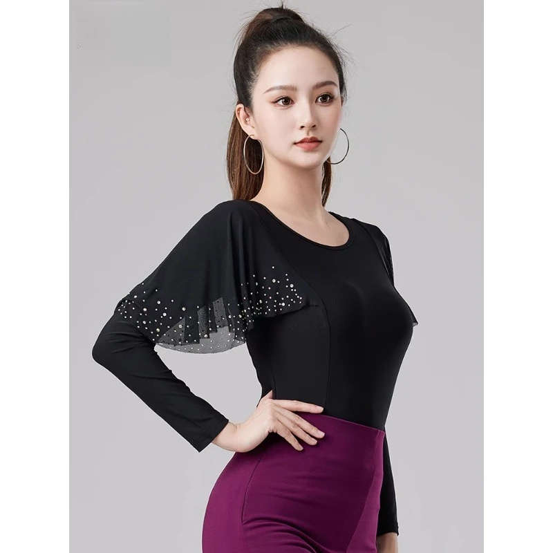 

Блузка для латиноамериканских танцев с круглым вырезом, пайетками и бахромой, сексуальная, с открытой спиной, разноцветная, женская, для квадратных и национальных стандартных танцев, современная танцевальная одежда