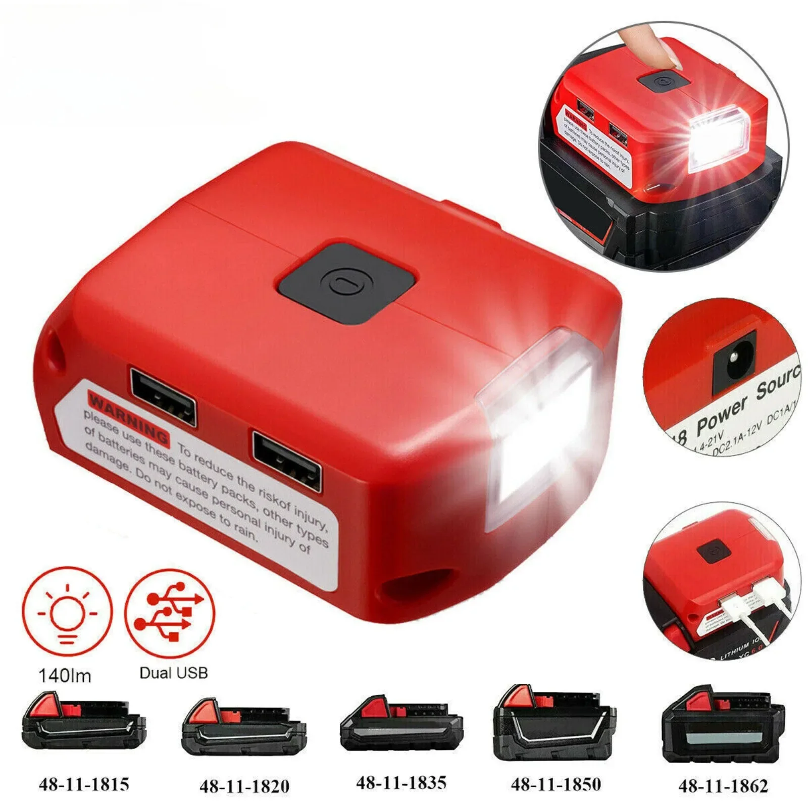 Power Source USB Charger For Milwaukee 18V Battery Battery Adapter with USB Port DC 12V/2A LED Light For Heated Jacket