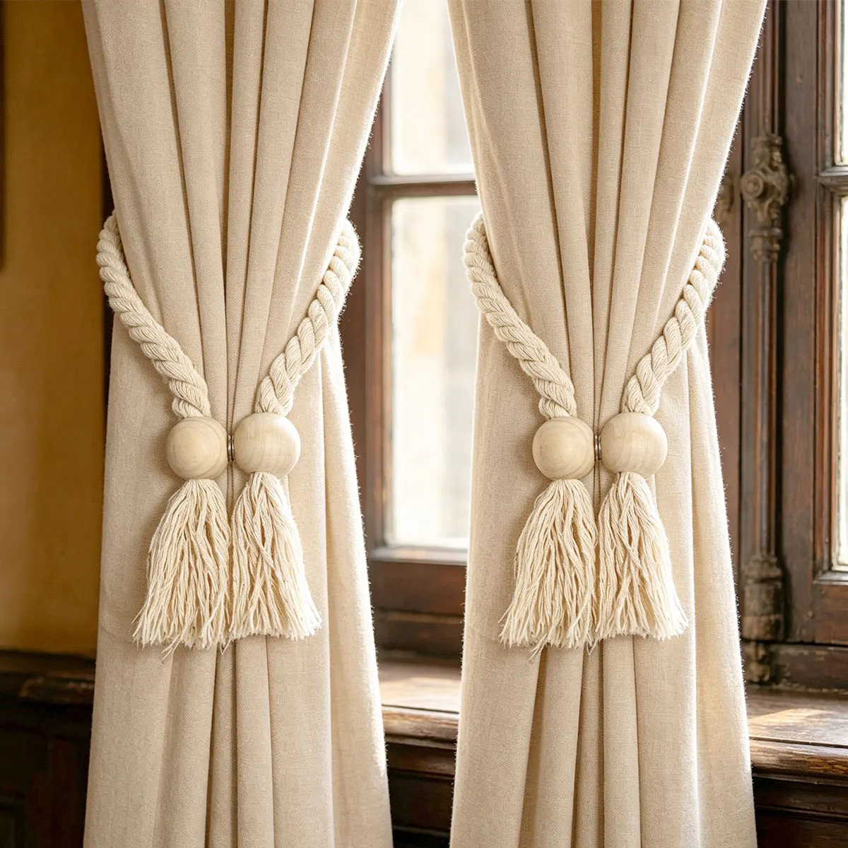 1 Pair Magnetic Chunky Braided Curtain Tiebacks, Natural Wood Ball Tassel Magnetic Drape Holdbacks for Wabi-Sabi Cream Farmhouse