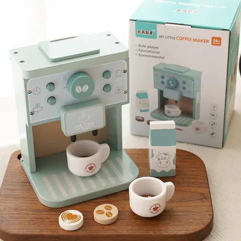 Kids Kitchen Toy Set Wooden Coffee Maker Set Simulation Cookie Pretend Play Educational Toys Gifts for Girls Boys