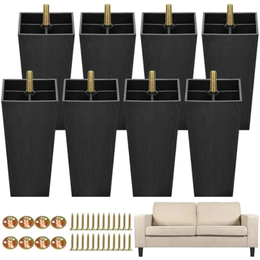 8 Pack 5.7 Inch Furniture Legs Plastic Sofa Couch Legs Square Tapered Feet Sofa Legs with M8 T-Nuts Screws for Legs Sofas Chair