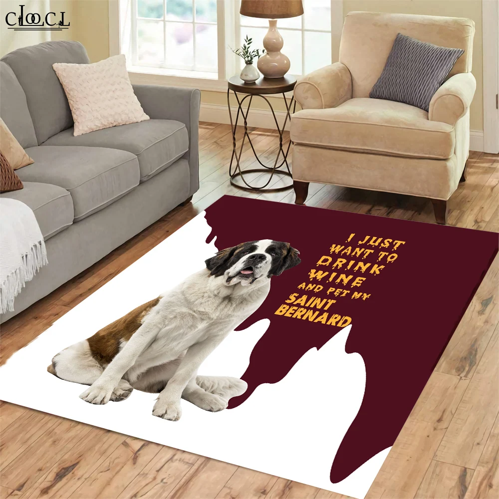 HX  Saint Bernard Carpet I Just Want To Drink Wine and Pet 3D Printed Carpets for Living Room Indoor Doormats Area Rug