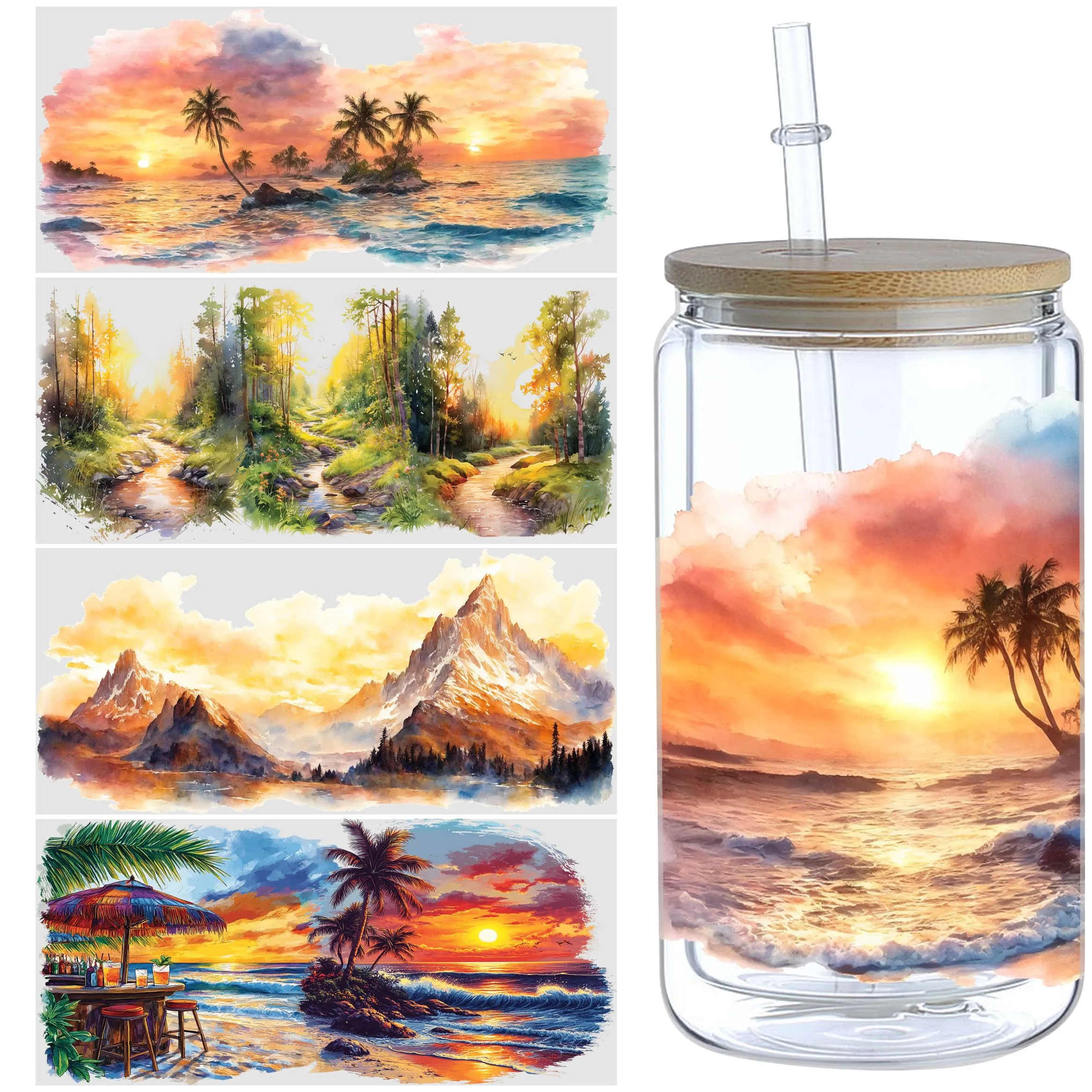 5 Sheets Sunset UV DTF Cup Pack for 16oz Glass Cup, Waterproof UV DTF Sticker for 16oz Glass Cup, DIY, Furniture, Crafts