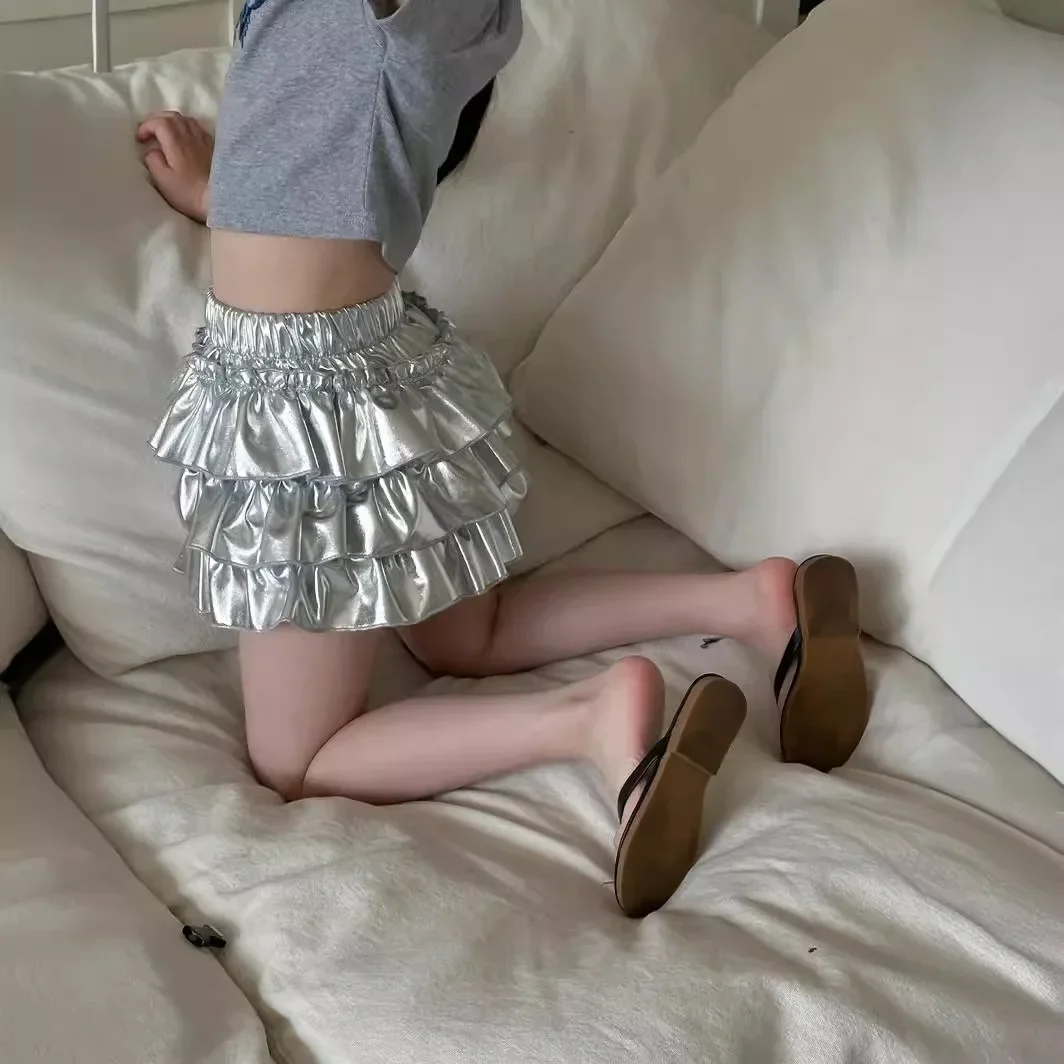 Korean baby girls skort high waist silver summer layered lace ruffles hip hop kids shorts clothes toddler pants 3 to 14 years