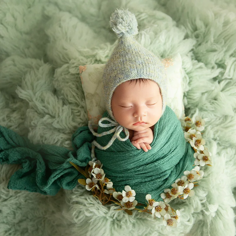 Pasgeboren Fotografie Props Gebreide Muts Inbakeren Wrap Groen Thema Set Pasgeboren Outfit Studio Baby Fotoshoot Props Accessoires