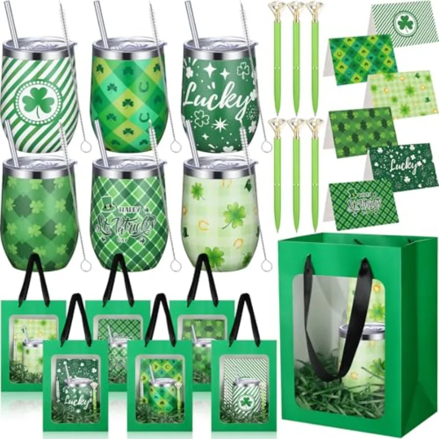 

Набор из 30 стаканов из нержавеющей стали на День Святого Патрика, 12 унций, с крышкой и соломинкой, зеленые стаканы с клевером, оптом для праздничных вечеринок