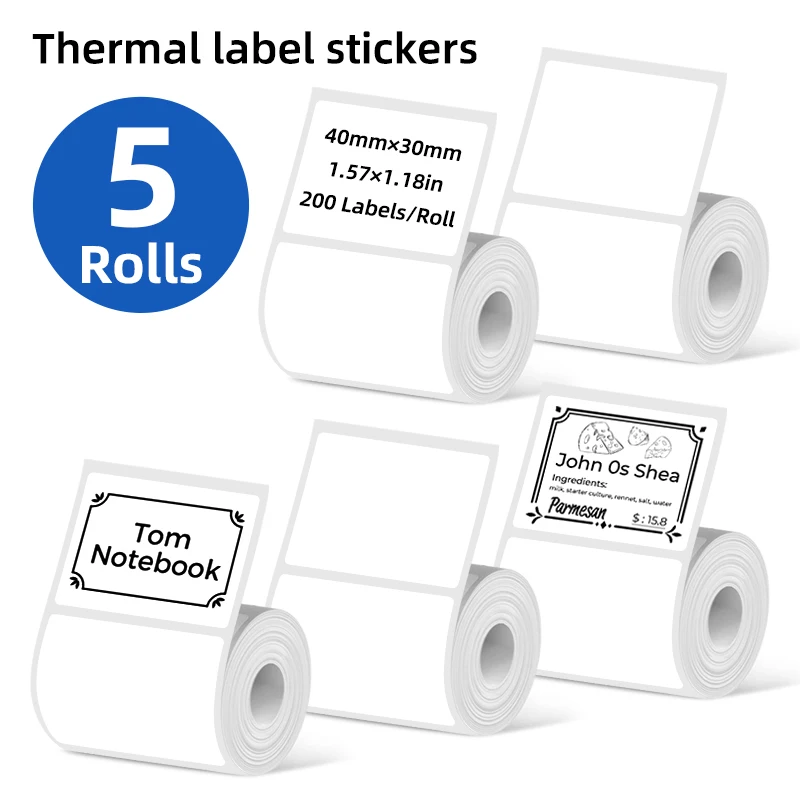 5 Rolls of White Coreless Label Stickers 40X30Mm, Each Roll Contains 200 Stickers, for Home, Office, DIY Projects, Gift Packaging Labels, Compatible with M100/M110/M220/M221/M200/P50 Portable Label Printers