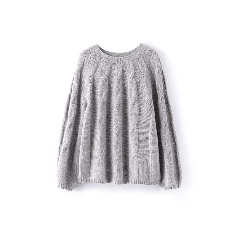 Autumn Winter 100% Pure Woolen Twist Sweater Round Neck Seamless Loose Raglan Sleeve Knit Pullovers Top