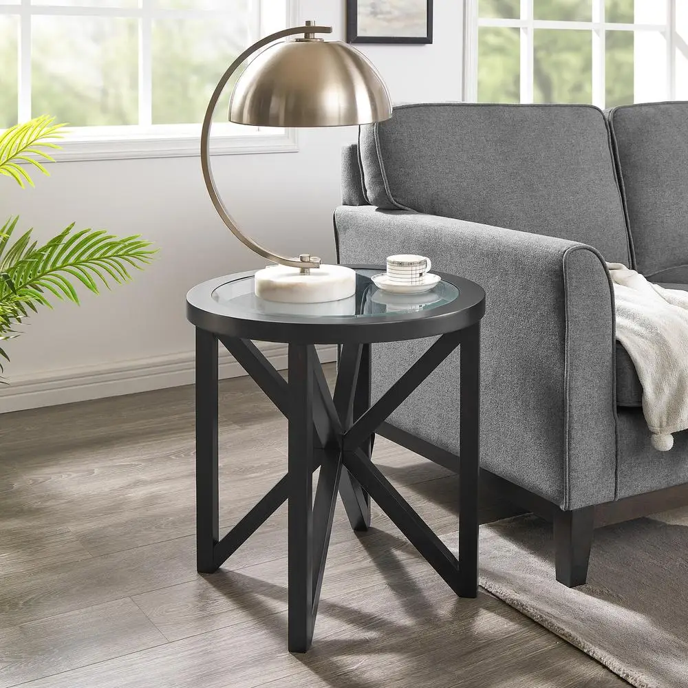 Современный круглый журнальный столик из закаленного стекла, основание из цельного дерева для гостиной, кабинета, минималистичный дизайн, 22 дюйма