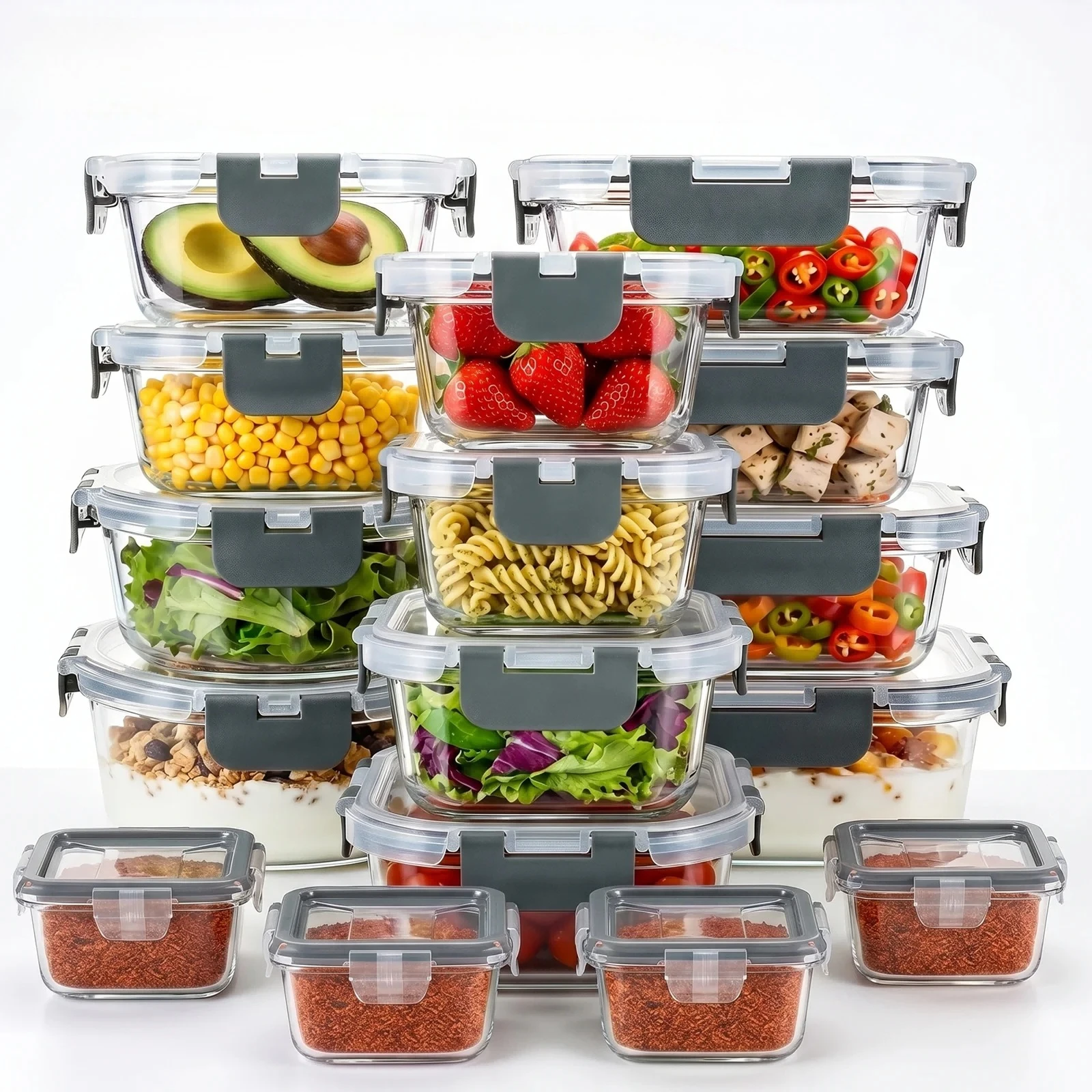 Lot de 16 bols de conservation en verre (12+4) avec couvercles hermétiques, empilables, sans BPA, pour stockage alimentaire, compatibles micro-ondes, boîte à lunch