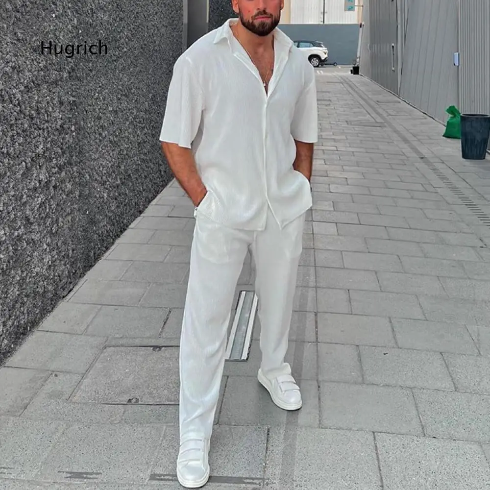 Lapel Short Sleeve Ribbed Shirt And Straight Leg Trousers Matching Suit For Men For Travel Gathering And Casual Daily Wearing