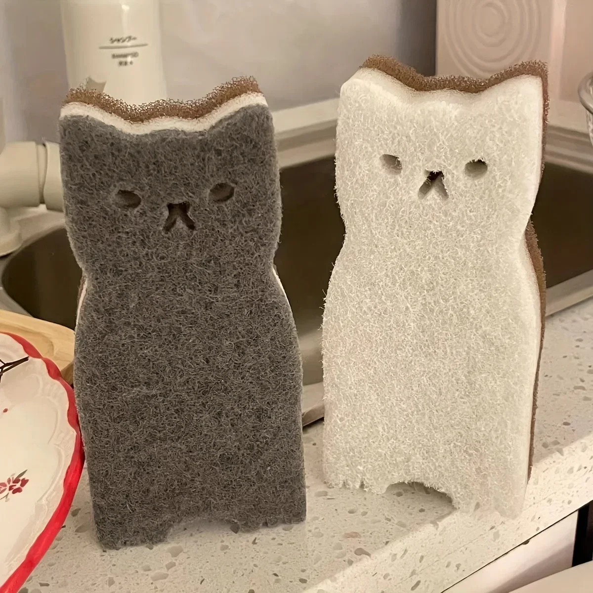 4-piece cute cat shaped kitchen sponge - three-layer design, used for washing dishes and cleaning - essential kitchen tools
