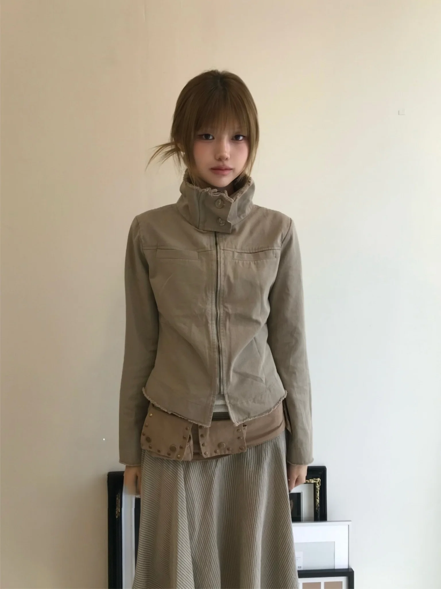 Unique SEI Minimalist Stand Collar Jacket Women's Autumn Winter New Style Y2K Harajuku Feeling Handsome Frayed  Coat