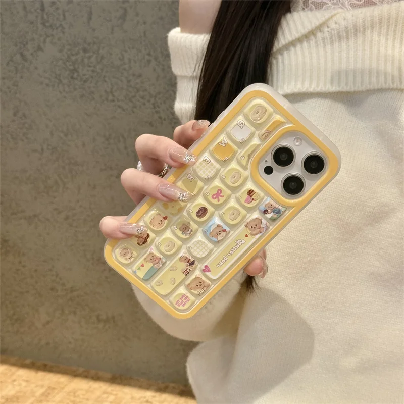 Small and innovative 3D keyboard with yellow cute little bear button phone case for iPhone 12 13 14 15 16 pro max