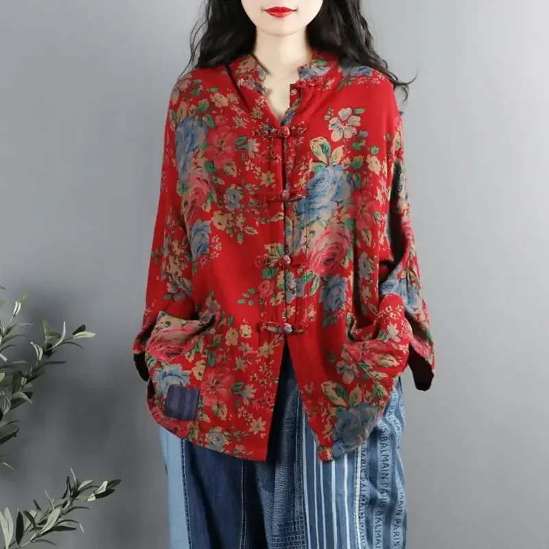 Etnische Stijl Met Bloemenprint Katoenen En Linnen Overhemd Vrouwen Chinese Stijl Retro Opstaande Kraag Driekwart Mouwen Casual Losse Top