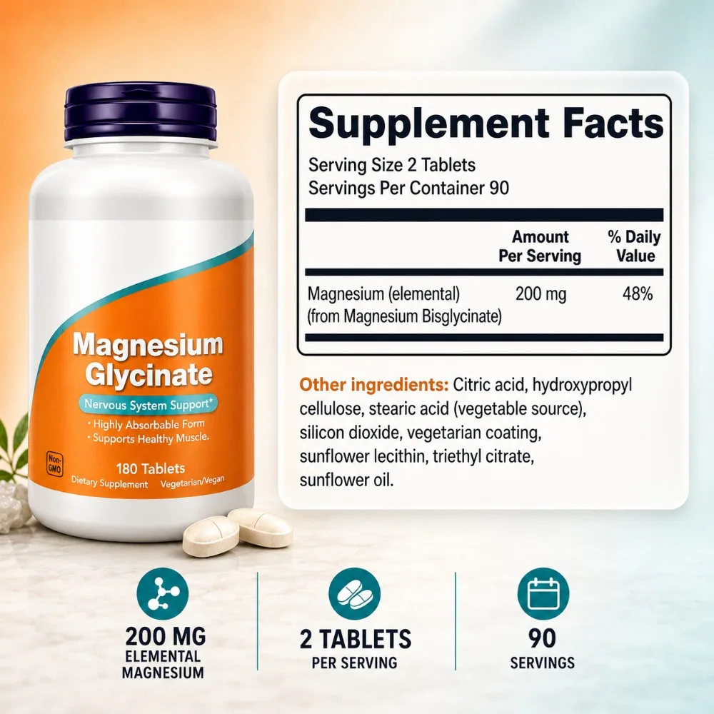Magnesium Glycinate Tablets 200mg, High Absorption Vegan Non-GMO Formula for Nervous System Muscle Relaxation Support, 180 Count
