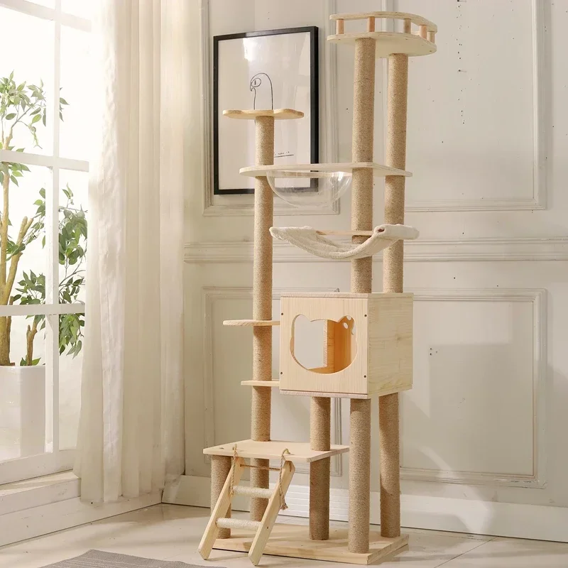 All solid wood pine cat climbing frame, large-scale cat tree jumping platform integrated villa yellow sisal multi-layer