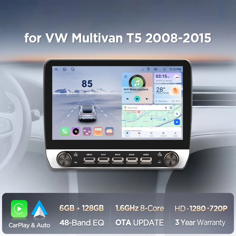 Autoradio 10,1" avec deux boutons physiques pour VW Multivan T5 2008-2015, CarPlay sans fil, Android Auto, systèmes intelligents, écran tactile IPS avec boutons physiques, DSP, navigation GPS, WiFi, 4G, DAB+, RDS, FM/RAM, BT, SWC, Plug and Play, lecteur multimédia 2DIN.