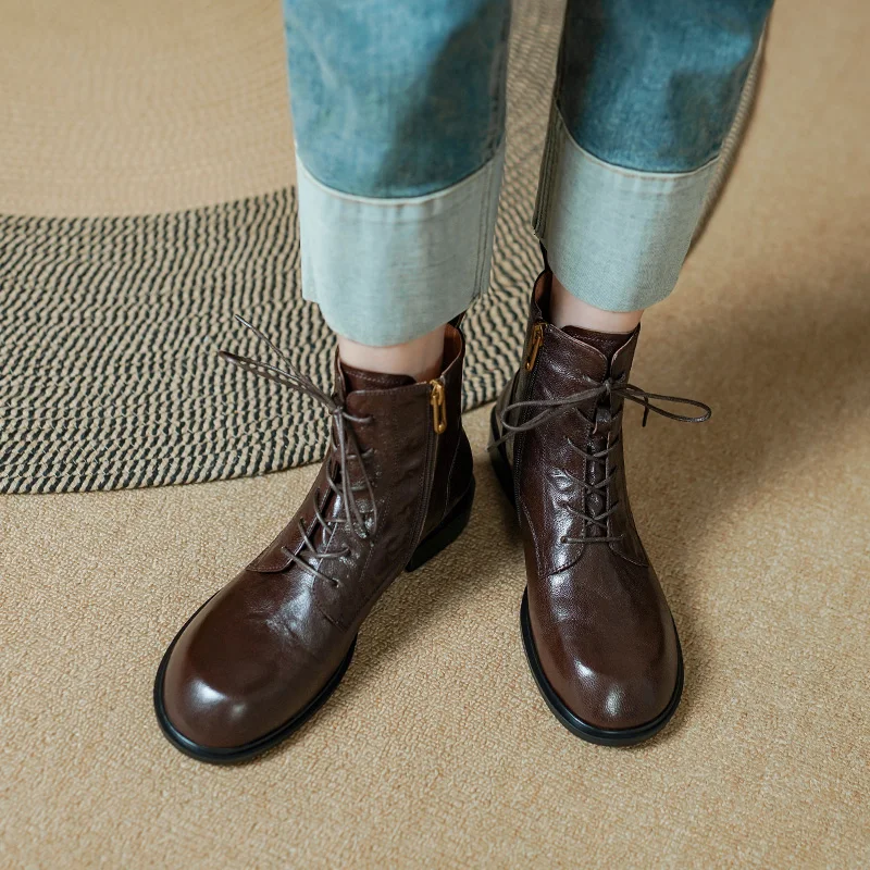 Botas de couro genuíno para mulheres, botas de tornozelo redondas, calcanhar robusto, lace-up, salto baixo, novo, outono