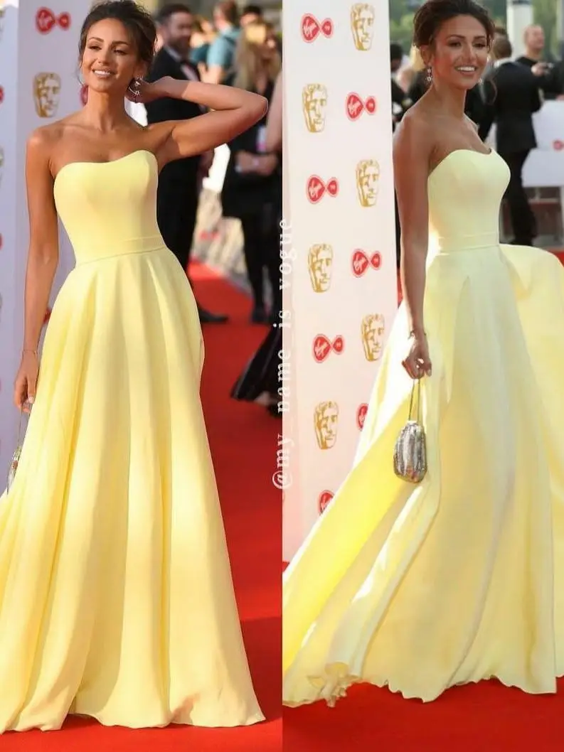 ซาตินยาว Celebrity ชุดเดรส Pocktes ความยาวสีเหลือง Strapless Abendkleider Robes De Soirée สำหรับผู้หญิง فساتين حفلات