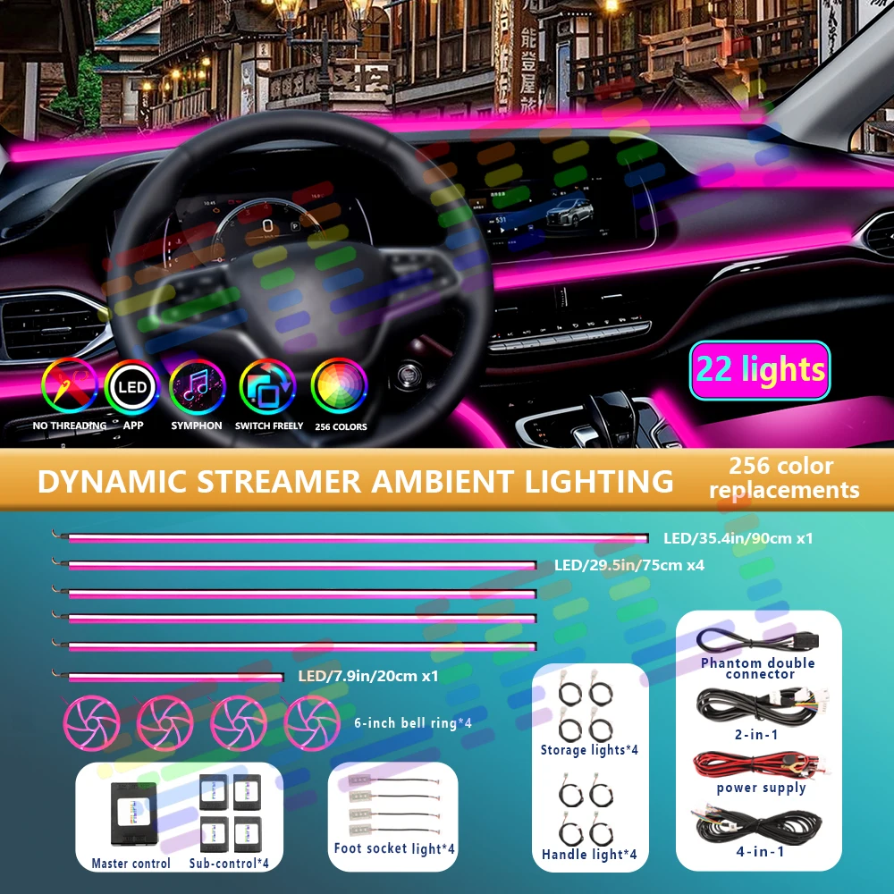 Car App Control Interior Ambient Lights Atmosphere Acrylic Lamp Strips Auto Symphony Universal RGB Colorful Rainbow LED Lighting