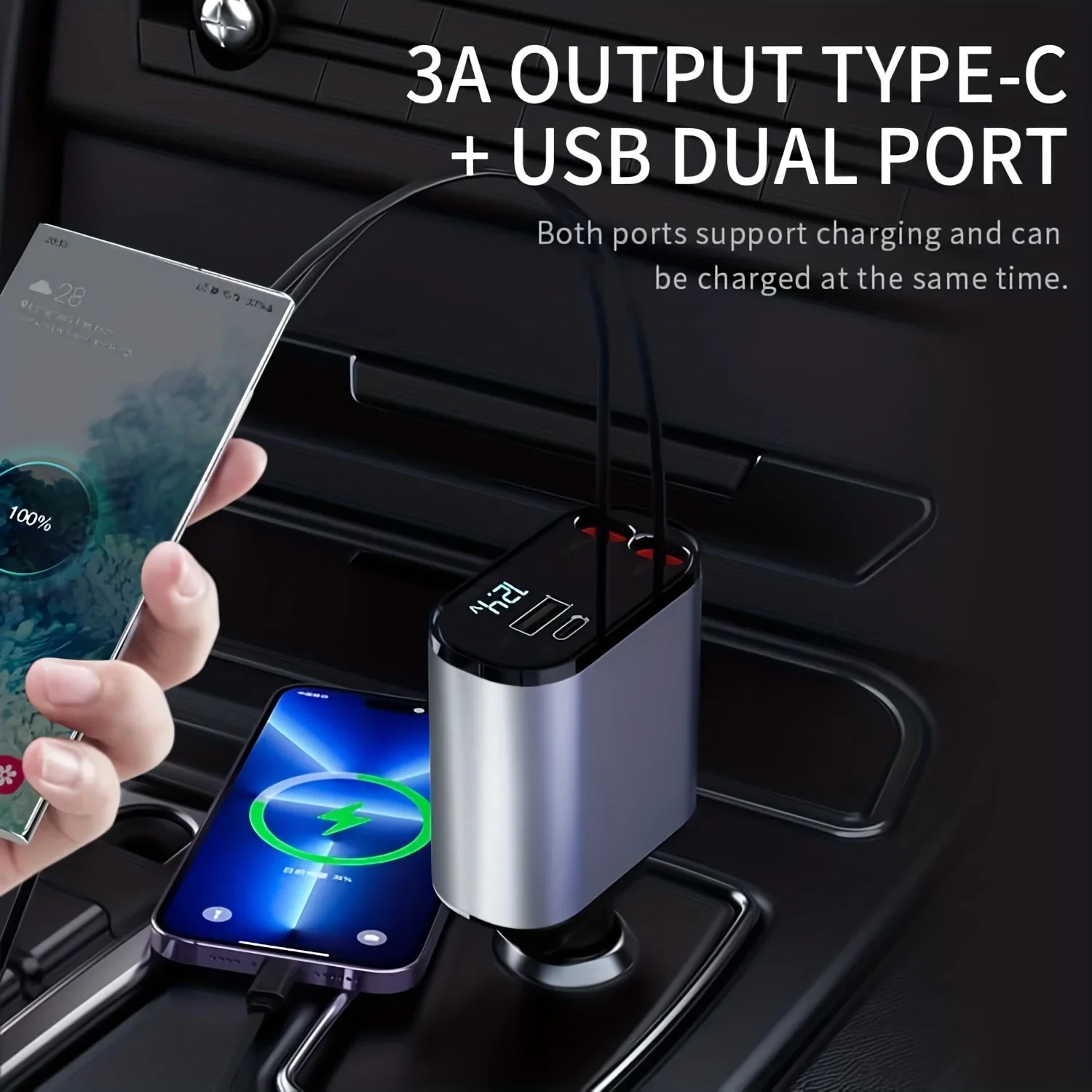 Car Charger 4 In 1 With Dual Retractable Cable Dual Port USB C PD Fast Charging Car Plug Adapter With Voltage Display