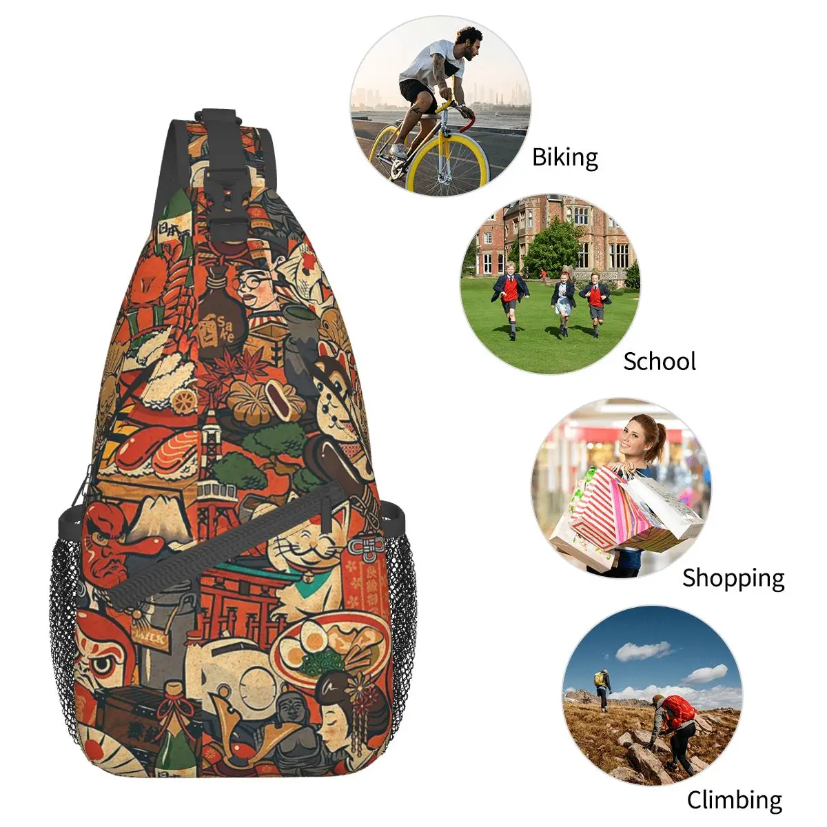 Mochila cruzada japonesa de cangrejo de Sushi Daruma, bolso de pecho pequeño, mochila de hombro, mochila de día para senderismo, paquete de Camping al aire libre