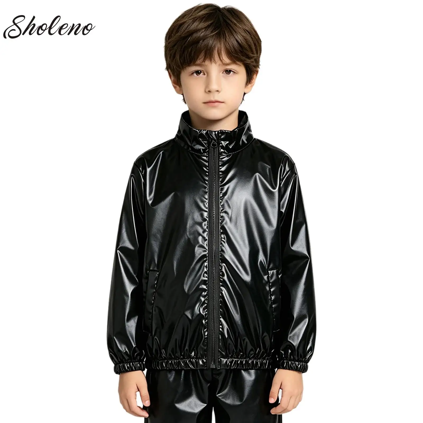 Boys Shiny Metallic Jacket Coat Performance Dance Costume Kids Stylish Lightweight Jazz Latin Hip-Hop Jazz Dance Outerwear