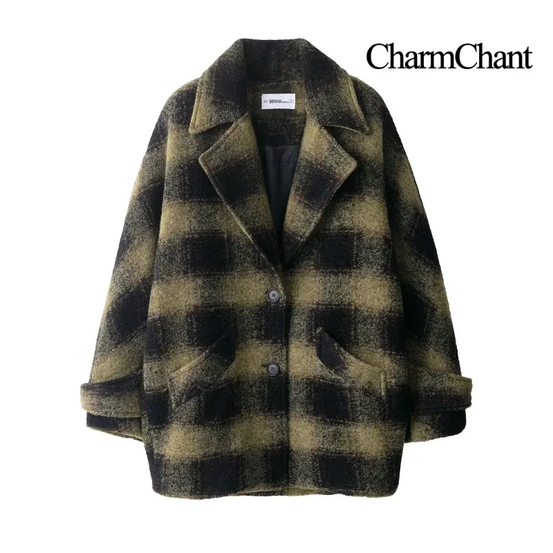 CHARMCHANT Women's Buffalo Plaid Wool Coat Oversized Notch Lapel Single Breasted Mid-Length Loose Winter Casual Outerwear 2026