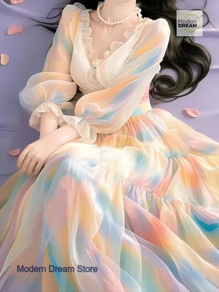 En été, la nouvelle niche, un sens élevé, une jupe longue pure et belle avec fermeture à la taille, une robe en mousseline de soie pour femme à la mode française.