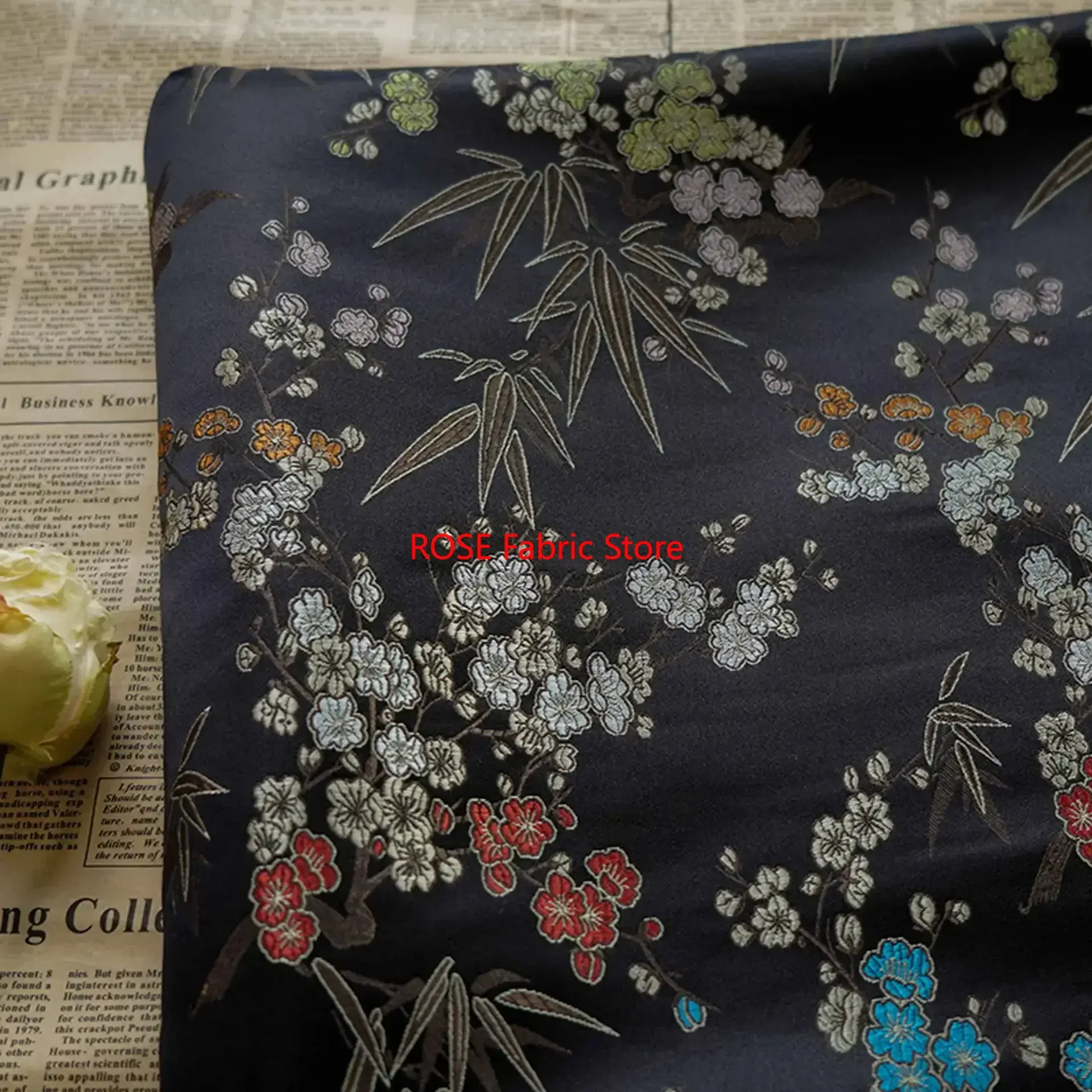 Tessuto jacquard in broccato di raso con foglie di bambù, abito retrò, borsa, tessuto da cucito decorativo