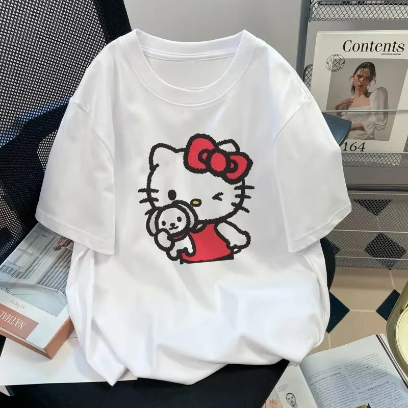 

MINISO Cute Hello Kitty Cat Women's T-shirt Summer Casual Student Loose Cotton Cartoon Top Casual Fashion Street Women's T-shirt