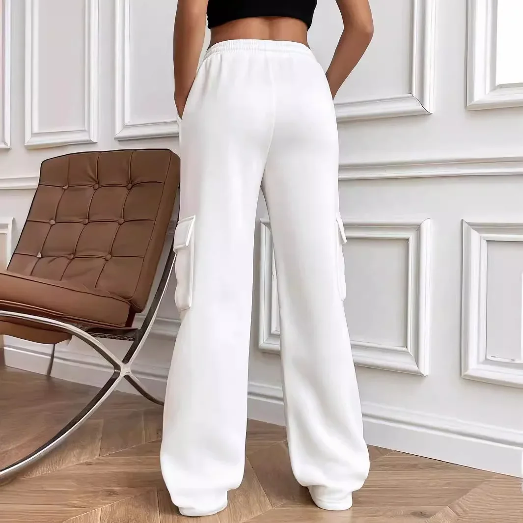 Women's New Autumn and Winter Fashion Side Pocket Solid Color Wide Leg Pants Loose Casual Elastic Waist Straight Leg Pants Y2k