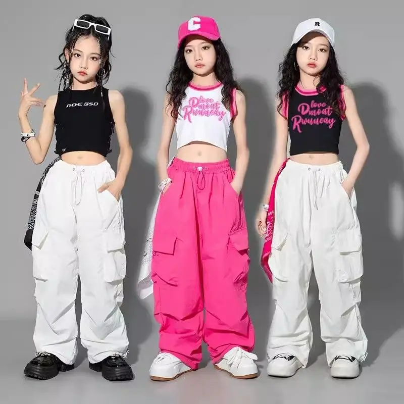 Girls Hip Hop Joggers Pants Kids Cargo Pants Teenage Straight Trousers High Waist Vintage Casual Streetwear Baggy Pants 5-14Y