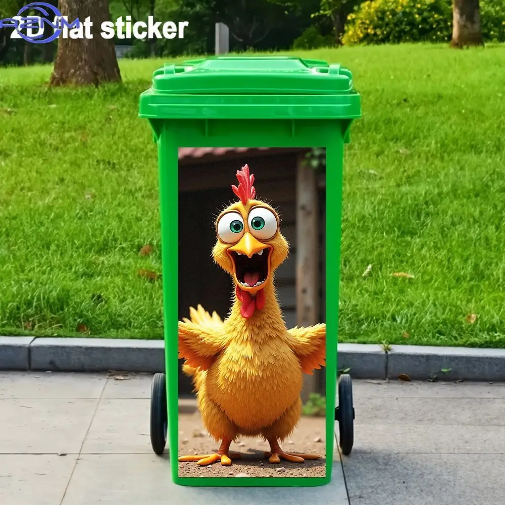 A Single 2D Sticker Featuring a Colorful Cartoon-Style Chicken Trash Can Design, Made of Waterproof PVC. This Funny And Cute C