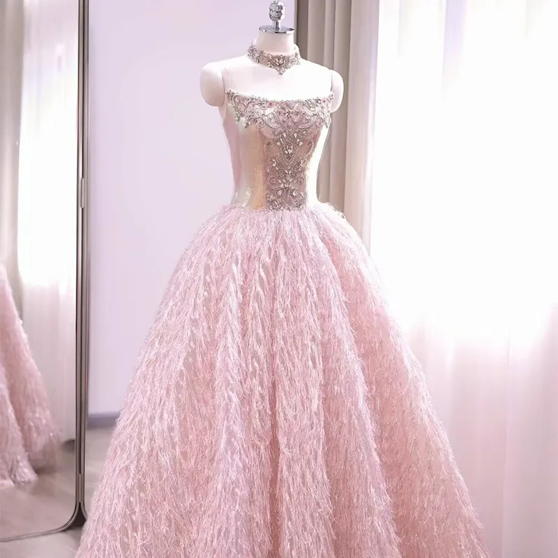 

Pink Evening Gown Wedding Dr for Women Host Ceremony Celebration Wine Serving Attire Bride Fairy Aosphere